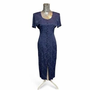 Vintage 90s Whimsigoth Jacquard Maxi Dress Button Front Short Sleeve Navy 10